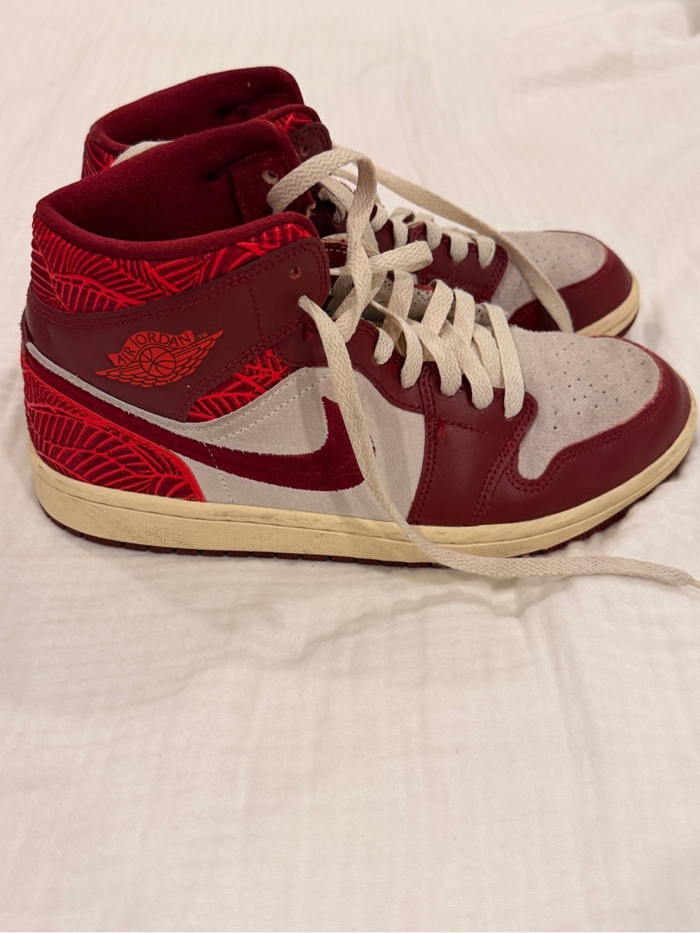 Jordan Women's High-Top Sneakers in Maroon and Cream with Graphic Accents